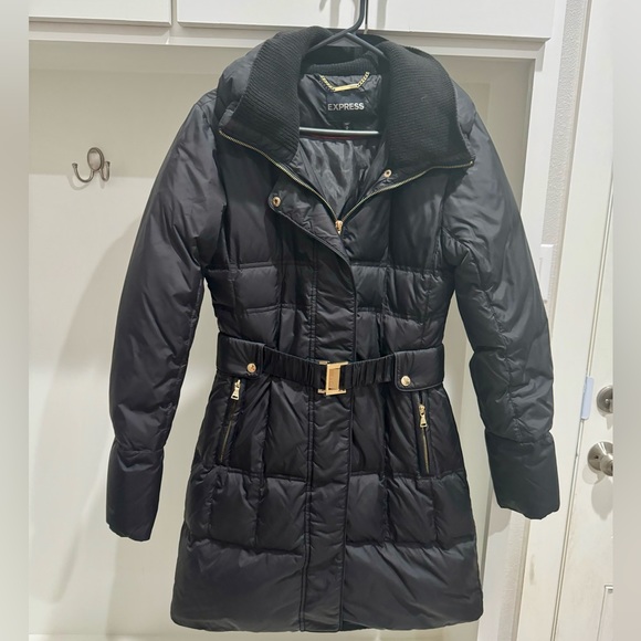 Express Belted Black Puffer Down Coat | Size M - Picture 1 of 9